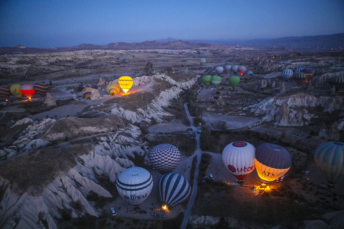 Balloons being inflated before dawn in Cappadocia